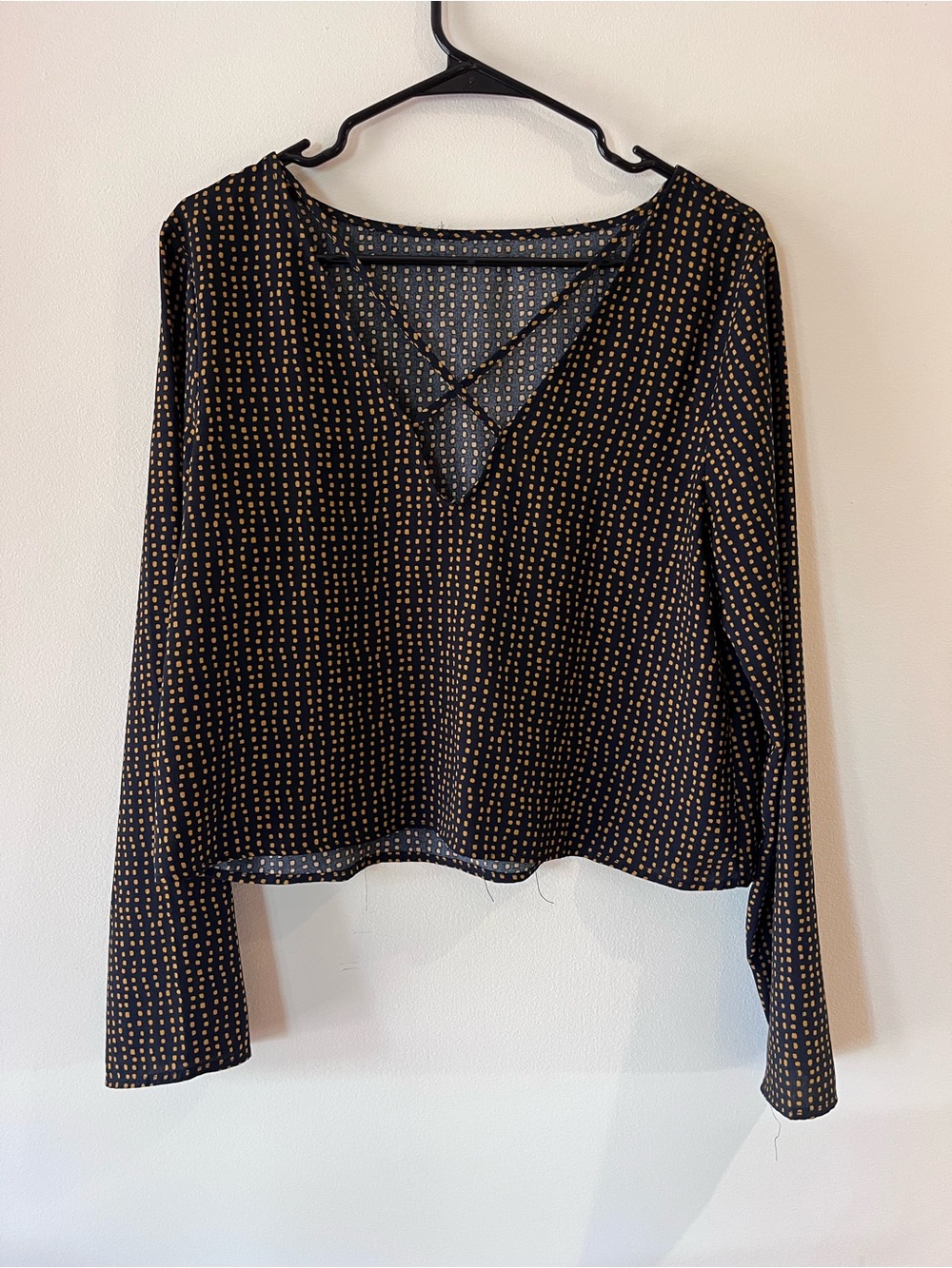 V-Neck Black Long Sleeve Dot-Print Top with Crisscross Detail